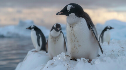 Obraz premium Solitude: Penguin Grooming on Iceberg's Brink