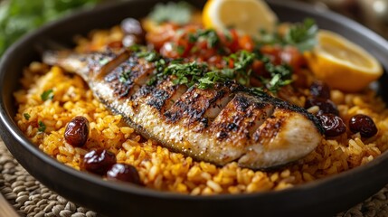 Grilled fish served on yellow rice with lemon and herbs