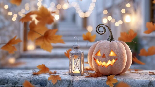 Lit jack-o-lantern with scary face and pine cones over a table. Halloween pumpkin with light illuminating concept for spooky celebration footage.