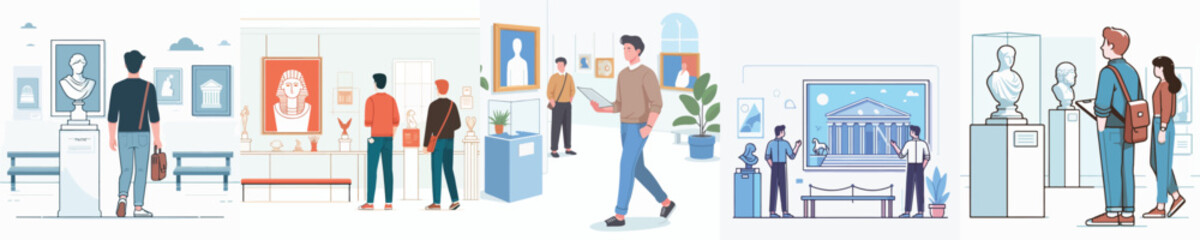 vector of young man visiting museum