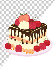 Festive birthday cake slice vector with chocolate drizzle, whipped cream, cherry, raspberry, and peach toppings. Ideal for dessert branding, party invitations, bakery prints, or sweet food ads.