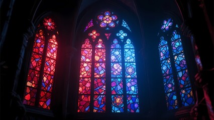 Colorful Stained Glass Windows in Gothic Church. This image features vibrant stained glass windows with red, blue, and purple hues in a Gothic church setting