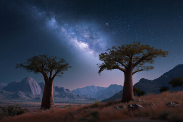 Starry night sky over baobab trees in african landscape