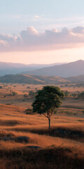 Fototapeta premium Solitary tree in golden sunset over rolling hills with mountains in background