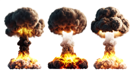 nuclear explosions and mushroom cloud isolated on white background PNG
