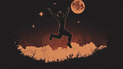 Naklejka premium Silhouetted figure leaps, night sky, clouds