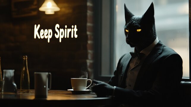 Man in black cat mask, suit, cafe