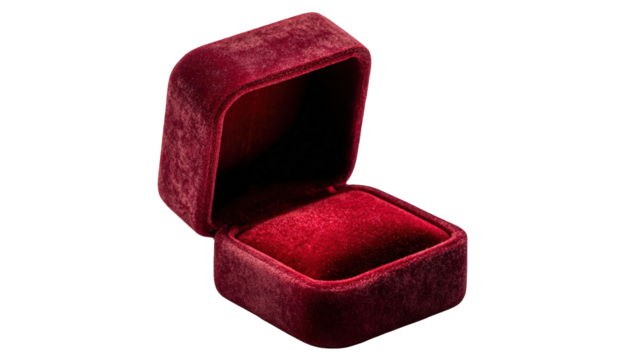 Elegant red velvet jewelry box open empty square shape gift present luxury maroon jewelery case romantic proposal valentines day dark rich life shiny on transparent background