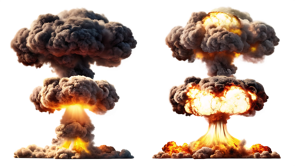 nuclear explosions and mushroom cloud isolated on white background PNG
