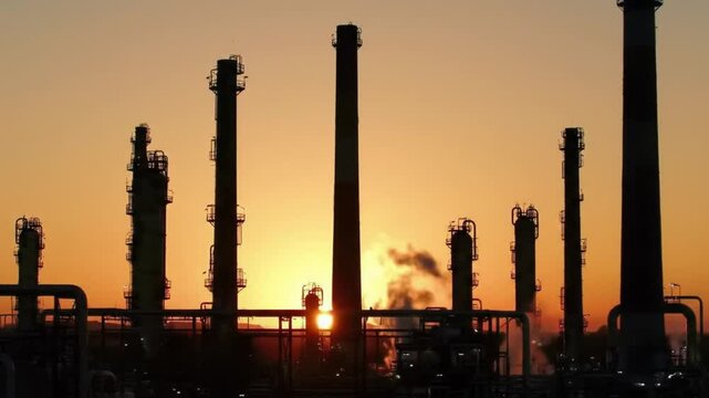 Factory Chimneys in Silhouette During Twilight Hour. 
Silhouetted industrial towers at dusk convey power, scale, and the environmental impact of human-made infrastructure at twilight.
