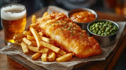 Delicious fish and chips with beer and side dishes on a wooden table