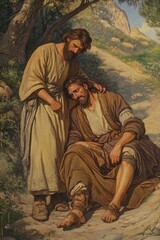 Good Samaritan caring for a wounded traveler on a quiet road, embodying compassion and selflessness