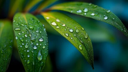 Close-up of Lush Green Leaves Adorned with Sparkling Water Droplets creating fresh feeling - Powered by Adobe
