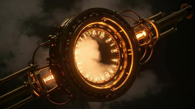 Ornate, glowing, metallic device with intricate design.  A circular, brass-like structure features numerous small, glowing lights around its circumference