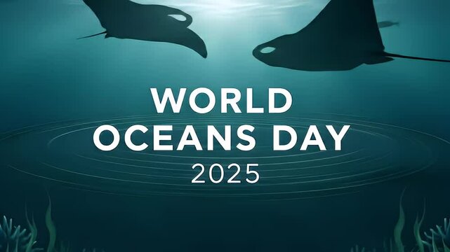 World oceans day animation with flowing marine silhouettes