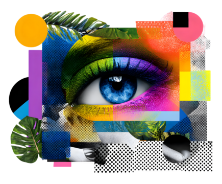 A vibrant and abstract eye art collage featuring geometric shapes, tropical leaves, and colorful makeup, isolated on transparent background - Powered by Adobe
