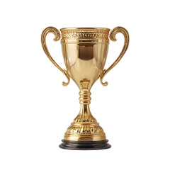 A gleaming gold trophy with ornate details stands isolated on transparent background, symbolizing victory and achievement