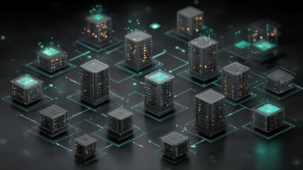 A network of futuristic servers and data centers are interconnected with glowing lines on a dark surface, representing digital connectivity and information flow.