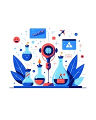 Science Lab Illustration: An artistic illustration showcases a science lab filled with labware and other scientific elements, offering an overview of innovative research and discovery.