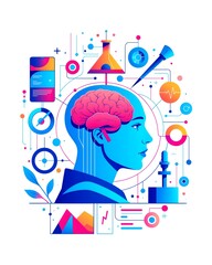 Funny cartoon illustration of a child's head with a colorful brain design