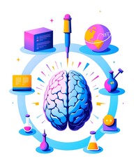 Innovative Thinking Unleashed: An illustration of a brain surrounded by science-related objects, symbolizing the power of the mind and the endless possibilities of science and innovation.