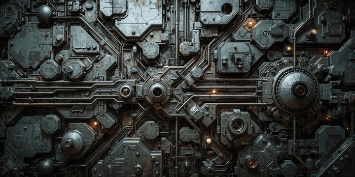 Intricate network of metallic panels, pipes, and optical sensors with glowing orange lights, forming a complex science fiction or industrial machine circuit board texture.