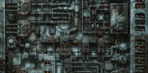 Detailed Rusty Industrial Control Panel Wall - Complex Mechanical System with Pipes, Wires, Gauges, and Orange Lights