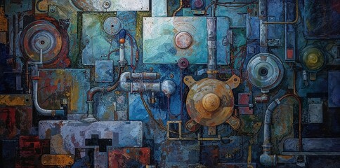 Abstract Steampunk Industrial Art Background Depicting a Complex Wall of Pipes, Gauges, and Mechanical Components with Vibrant, Aged, and Distressed Paint Textures