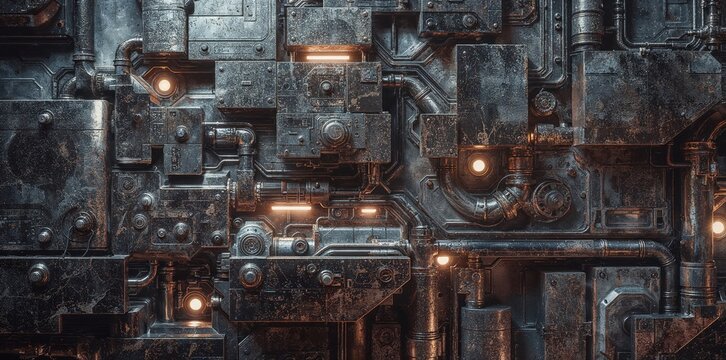 Dark and gritty detailed metallic background of industrial or sci-fi machinery with glowing orange lights, rust, pipes, and complex paneling.