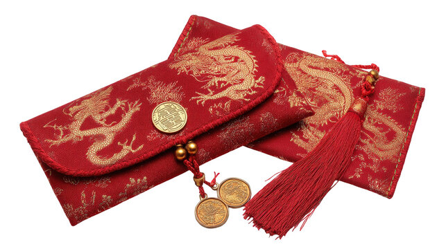 Elegant red dragon patterned envelopes with gold accents and tassels perfect for festive celebrations and gift giving traditional chinese new year decor on transparent background