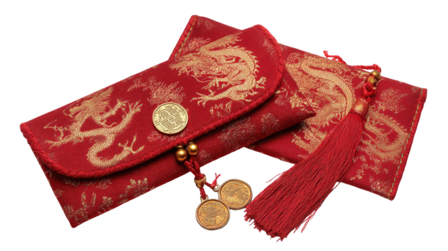 Elegant red dragon patterned envelopes with gold accents and tassels perfect for festive celebrations and gift giving traditional chinese new year decor on transparent background