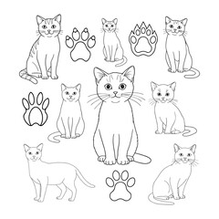 One line kitties that never stop. Hand-drawn line art vector illustration set of minimalist cat outlines, several cat stances, and kitten activities, cat lover