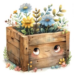 A cute wooden crate with a smiling face, filled with colorful flowers and greenery. The illustration features soft pastel colors and a whimsical style.