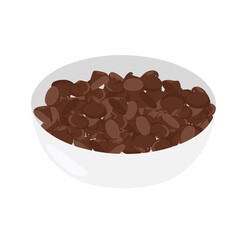 Dark chocolate drops in a ceramic bowl. Vector hand drawn cartoon food concept for dessert visuals, recipe graphics, bakery branding, packaging, menu illustrations