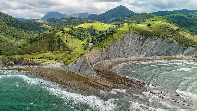 Aerial view of the beautiful Playa De Sakoneta beach, Basque country, Spain