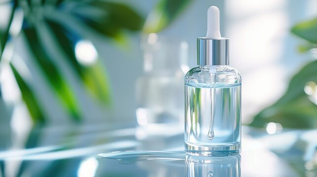 Clear skincare fluid dripping from pipette above sleek glass bottle, set on a bright background