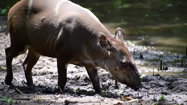Baby babirusa feeding in muddy swamp