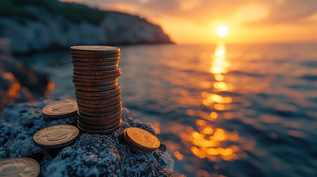 Coins stacked on rock by ocean sunset