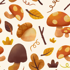 Flat pattern design to celebrate autumn, Illustrations Autumn Leaves and Mushrooms Pattern