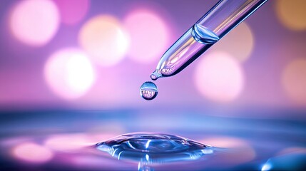 Cosmetic pipette held above surface with droplet forming, illuminated by soft light