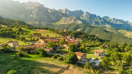 Aerial view of the Mogrovejo medieval village in Cantabria, northern Spain.