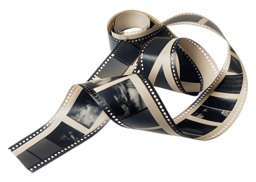 tangled roll of photographic film with black and white isolated on white background PNG