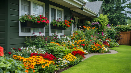 Picturesque Home Exterior With Vibrant Flowerbeds, Window Boxes, And Hanging Baskets. A Beautiful Suburban Landscape.