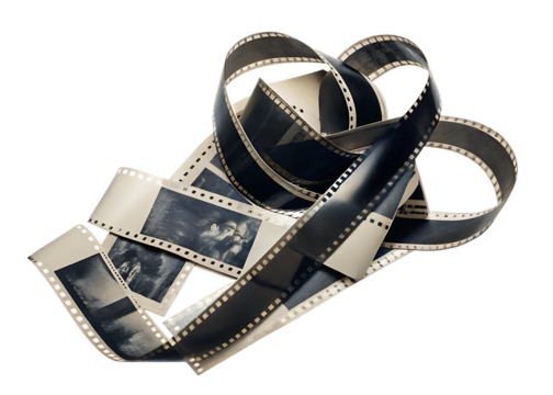 tangled roll of photographic film with black and white isolated on white background PNG