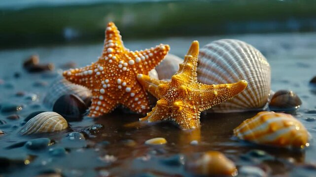 Sea stars and seashells on the shore, useful for relaxation videos and nature presentations.
