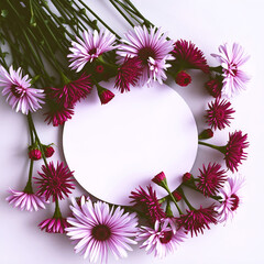 Bouquet of pink and purple aster with paper card. Floral motif of fresh flowers with round white blank paper label, frame for text. Background.