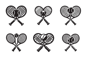 Two tennis rackets with a tennis ball in the middle. The rackets are crossed over each other Silhouette Vector Set