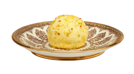 Delicious creamy saffron ice cream scoop served on an elegant gold trimmed porcelain plate with intricate brown design food dish life high sweet treat on transparent background