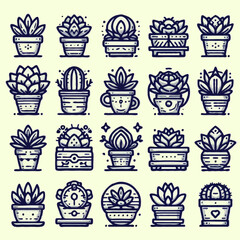 Various plant illustrations in decorative pots in a line art style  