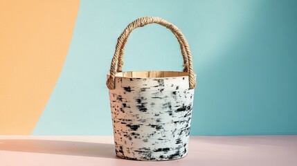 Eco-friendly birch bucket with charred design and natural fiber handles, set on pastel surface
